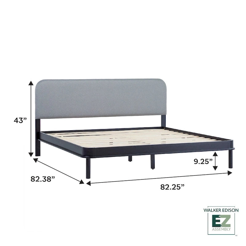 Lit plateforme King en bois de pin massif contemporain, tête de lit incurvée et rembourrée, chêne noir