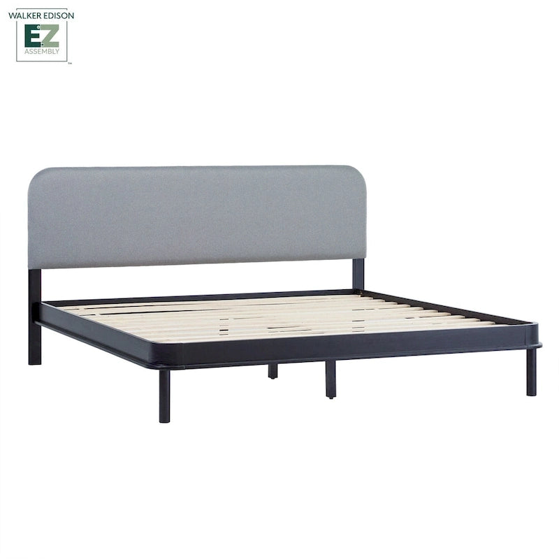 Lit plateforme King en bois de pin massif contemporain, tête de lit incurvée et rembourrée, chêne noir