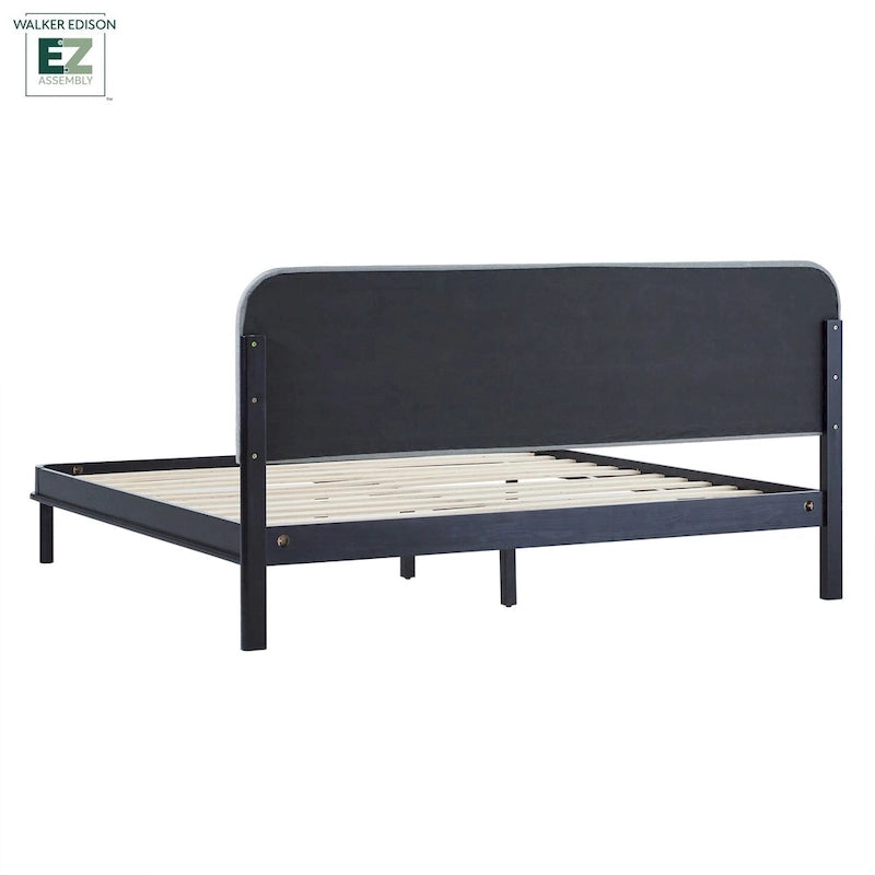 Lit plateforme King en bois de pin massif contemporain, tête de lit incurvée et rembourrée, chêne noir