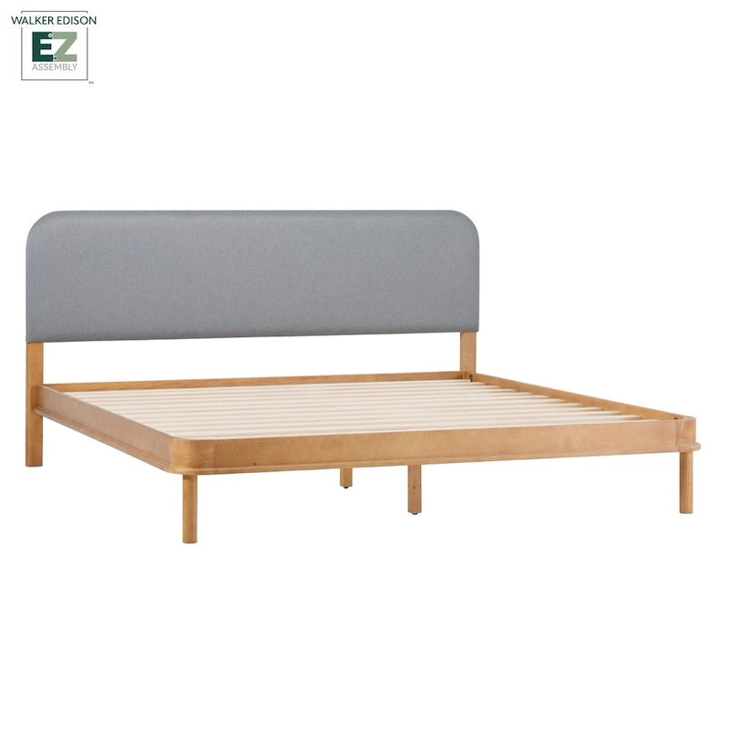 Lit plateforme King en bois de pin massif contemporain, tête de lit incurvée et rembourrée, chêne noir