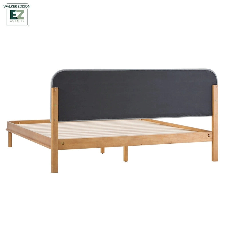Lit plateforme King en bois de pin massif contemporain, tête de lit incurvée et rembourrée, chêne noir
