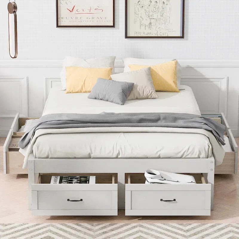 Lit plateforme pleine grandeur 6 tiroirs sous le lit Cadre LVL MDF Blanc antique