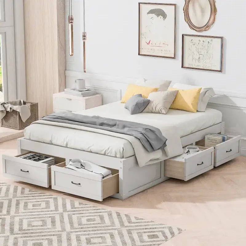 Lit plateforme pleine grandeur 6 tiroirs sous le lit Cadre LVL MDF Blanc antique