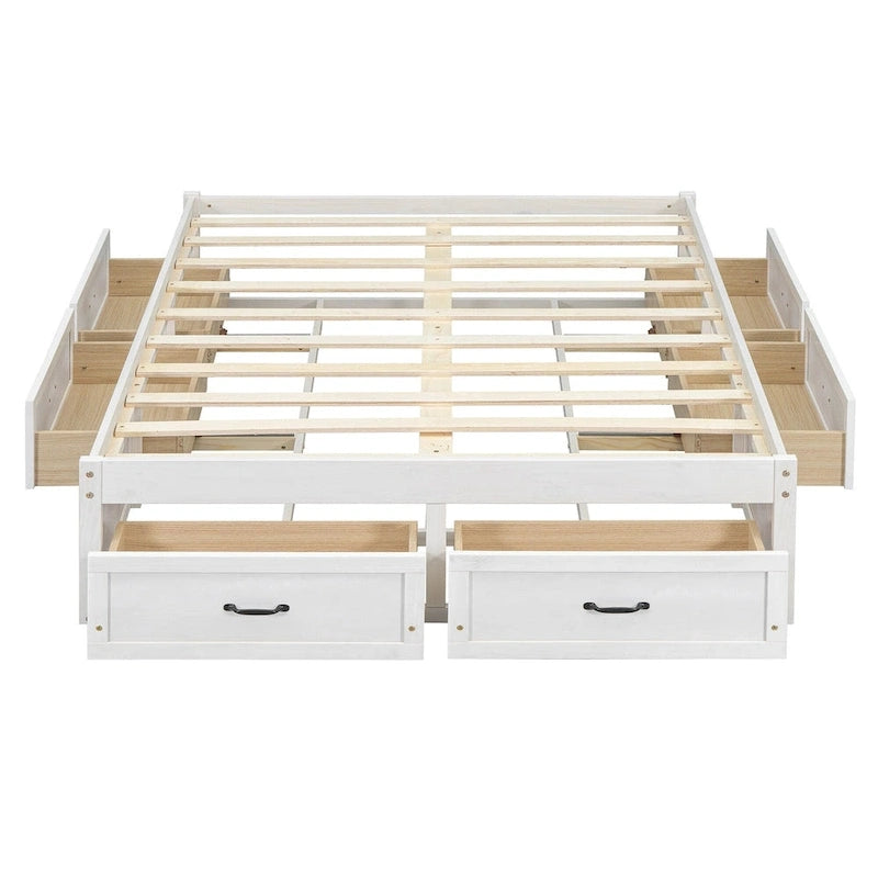 Lit plateforme pleine grandeur 6 tiroirs sous le lit Cadre LVL MDF Blanc antique