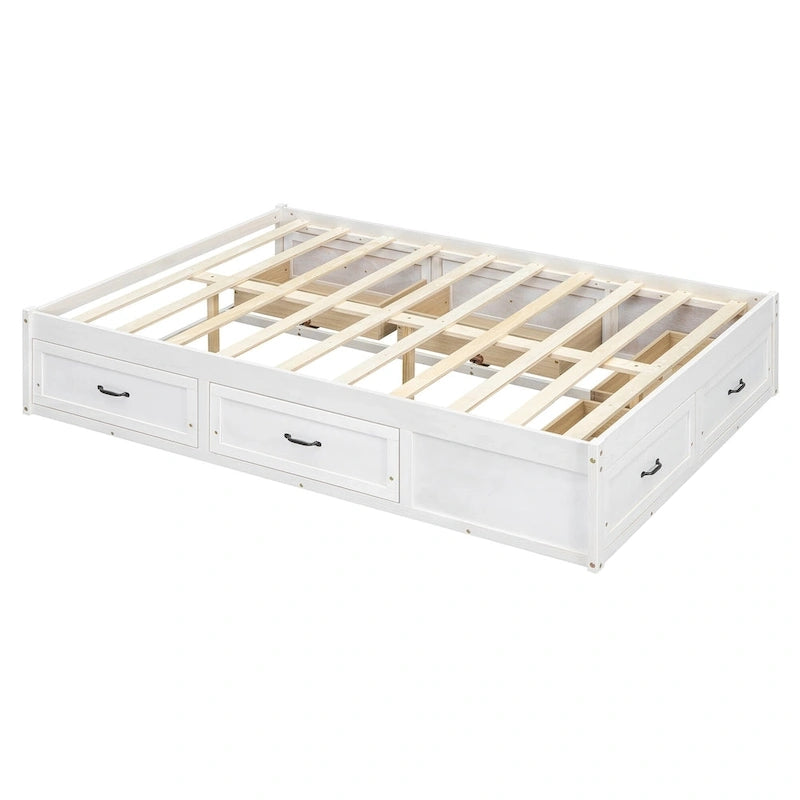 Lit plateforme pleine grandeur 6 tiroirs sous le lit Cadre LVL MDF Blanc antique