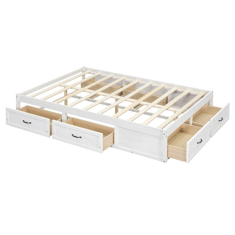 Lit plateforme pleine grandeur 6 tiroirs sous le lit Cadre LVL MDF Blanc antique