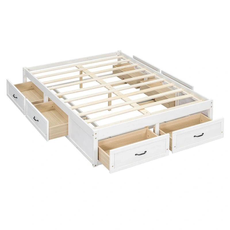 Lit plateforme pleine grandeur 6 tiroirs sous le lit Cadre LVL MDF Blanc antique