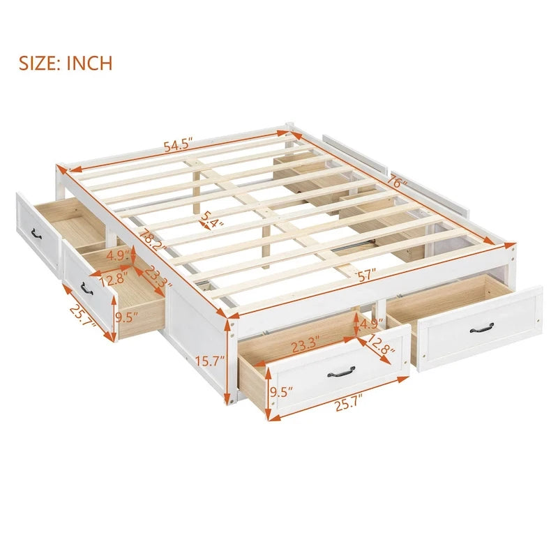 Lit plateforme pleine grandeur 6 tiroirs sous le lit Cadre LVL MDF Blanc antique