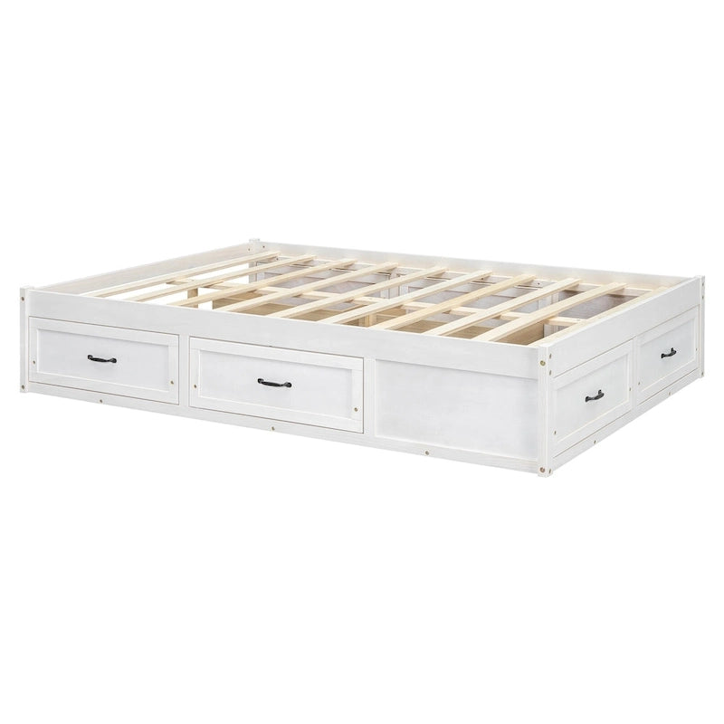 Lit plateforme pleine grandeur 6 tiroirs sous le lit Cadre LVL MDF Blanc antique