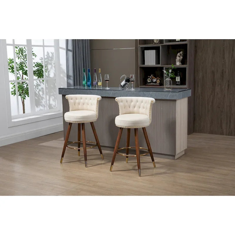 Tabouret de bar pivotant capitonné vintage avec clous décoratifs, pieds en noyer, repose-pieds doré, beige, noir, gris