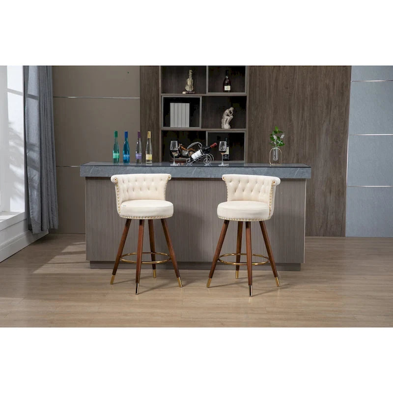 Tabouret de bar pivotant capitonné vintage avec clous décoratifs, pieds en noyer, repose-pieds doré, beige, noir, gris