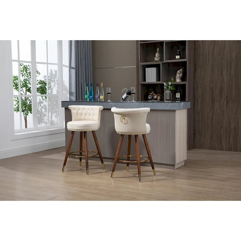Tabouret de bar pivotant capitonné vintage avec clous décoratifs, pieds en noyer, repose-pieds doré, beige, noir, gris