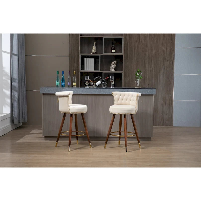 Tabouret de bar pivotant capitonné vintage avec clous décoratifs, pieds en noyer, repose-pieds doré, beige, noir, gris