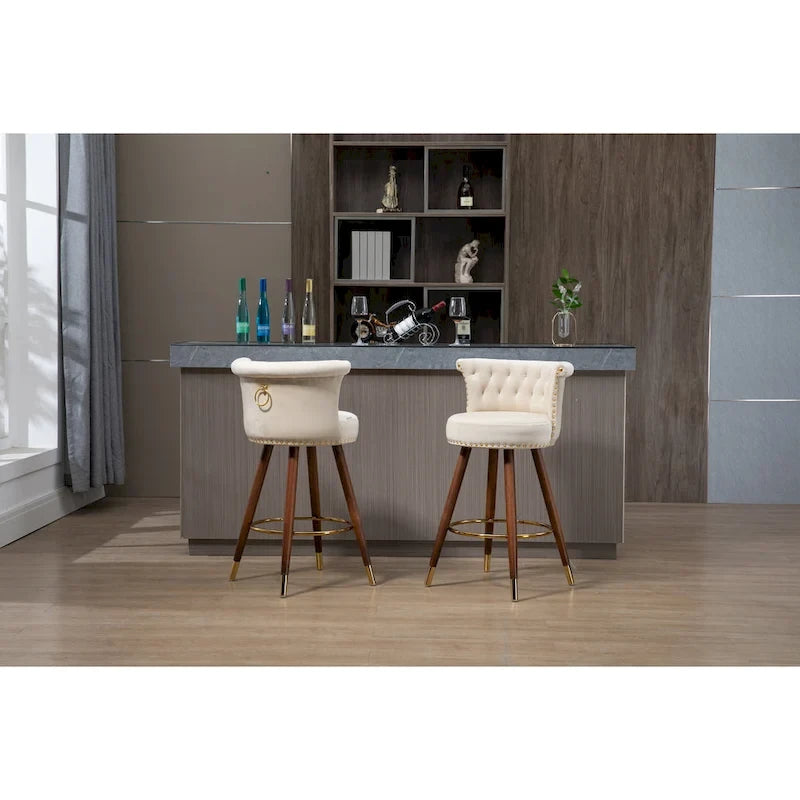 Tabouret de bar pivotant capitonné vintage avec clous décoratifs, pieds en noyer, repose-pieds doré, beige, noir, gris