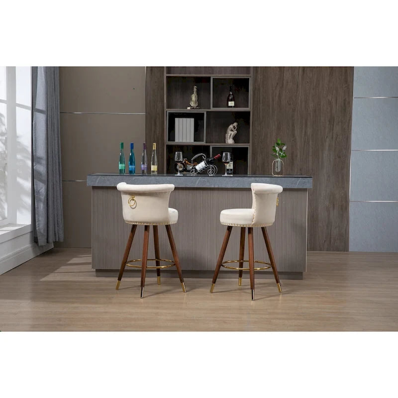 Tabouret de bar pivotant capitonné vintage avec clous décoratifs, pieds en noyer, repose-pieds doré, beige, noir, gris