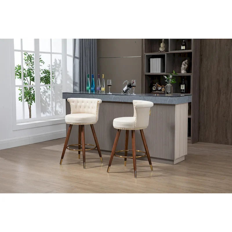 Tabouret de bar pivotant capitonné vintage avec clous décoratifs, pieds en noyer, repose-pieds doré, beige, noir, gris