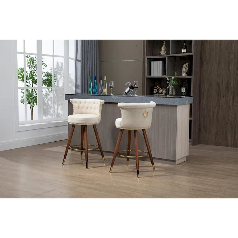 Tabouret de bar pivotant capitonné vintage avec clous décoratifs, pieds en noyer, repose-pieds doré, beige, noir, gris