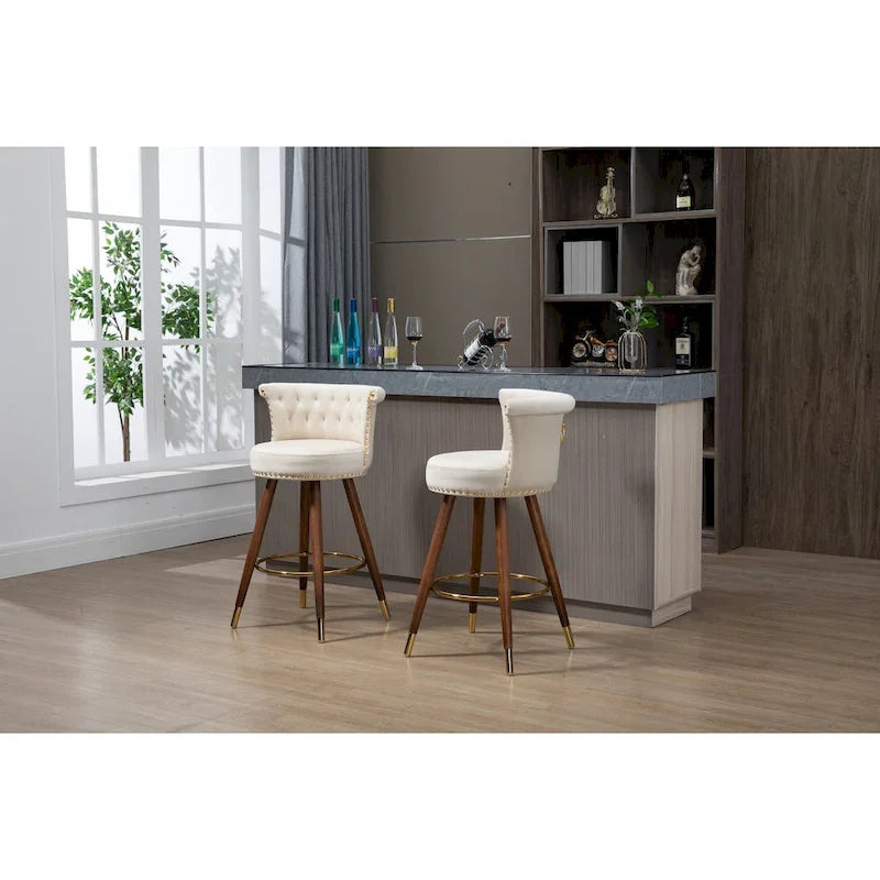 Tabouret de bar pivotant capitonné vintage avec clous décoratifs, pieds en noyer, repose-pieds doré, beige, noir, gris