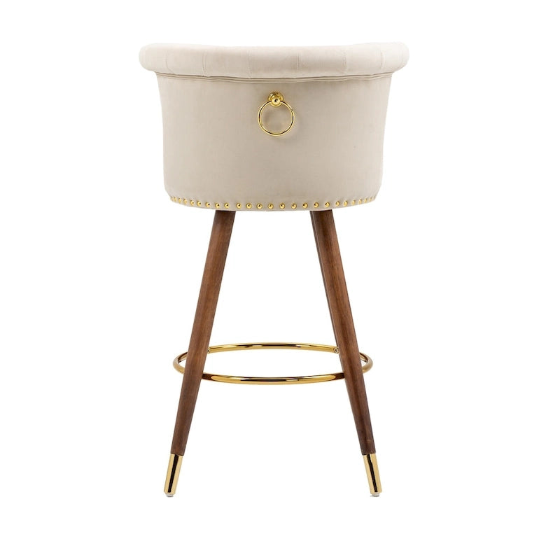 Tabouret de bar pivotant capitonné vintage avec clous décoratifs, pieds en noyer, repose-pieds doré, beige, noir, gris