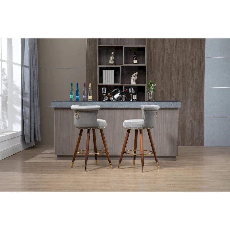 Tabouret de bar pivotant capitonné vintage avec clous décoratifs, pieds en noyer, repose-pieds doré, beige, noir, gris