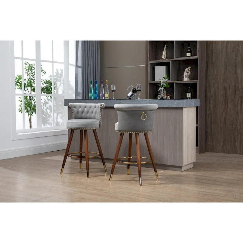 Tabouret de bar pivotant capitonné vintage avec clous décoratifs, pieds en noyer, repose-pieds doré, beige, noir, gris