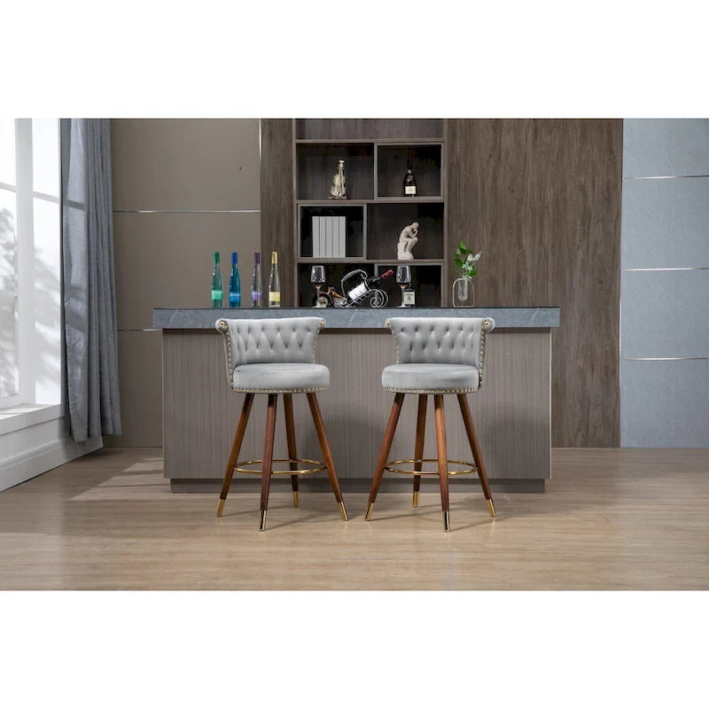 Tabouret de bar pivotant capitonné vintage avec clous décoratifs, pieds en noyer, repose-pieds doré, beige, noir, gris