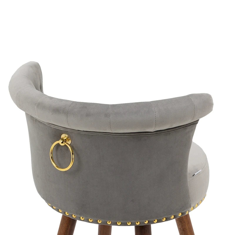 Tabouret de bar pivotant capitonné vintage avec clous décoratifs, pieds en noyer, repose-pieds doré, beige, noir, gris