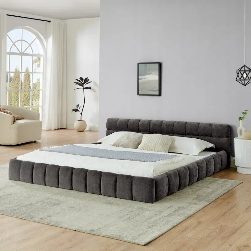 Lit plateforme en chenille, capitonné, profil bas, sans sommier, gris foncé/beige
