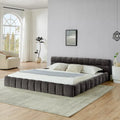 Lit plateforme en chenille, capitonné, profil bas, sans sommier, gris foncé/beige