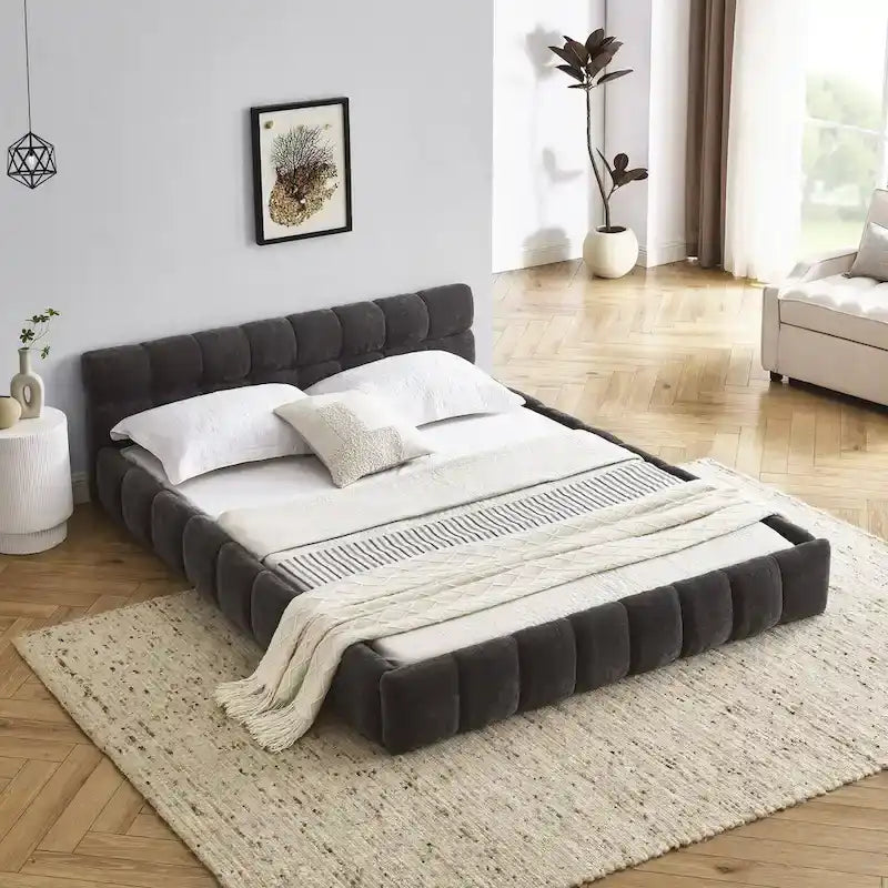 Lit plateforme en chenille, capitonné, profil bas, sans sommier, gris foncé/beige