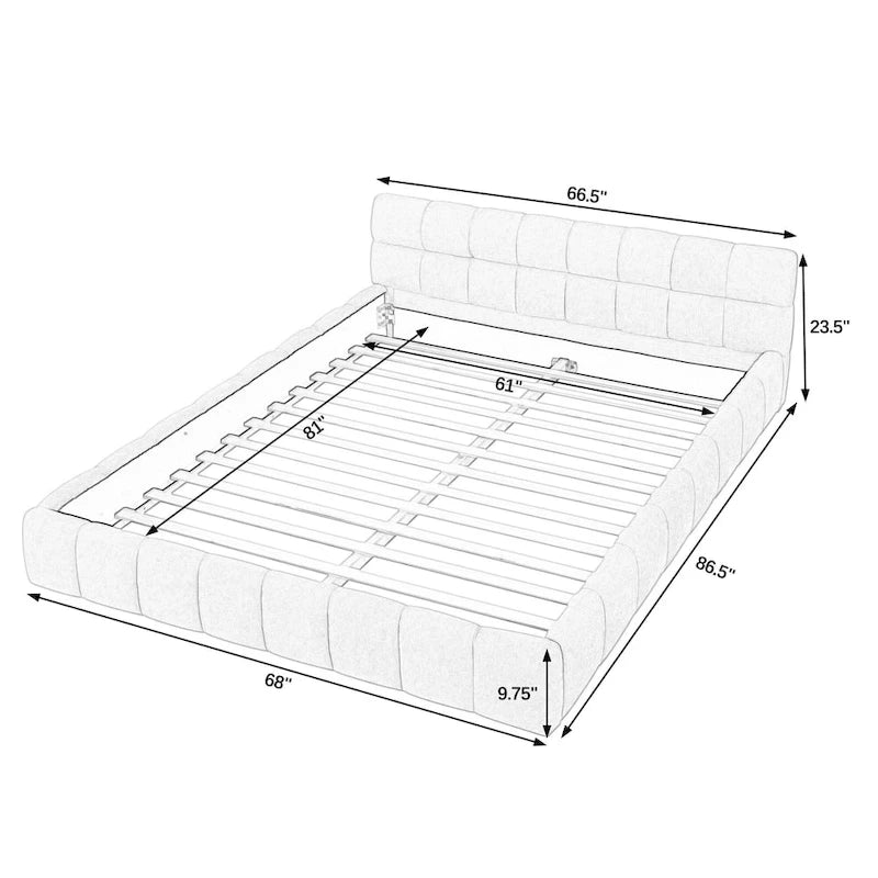 Lit plateforme en chenille, capitonné, profil bas, sans sommier, gris foncé/beige