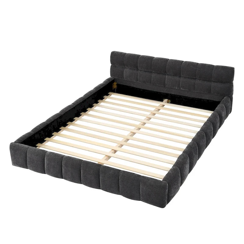 Lit plateforme en chenille, capitonné, profil bas, sans sommier, gris foncé/beige