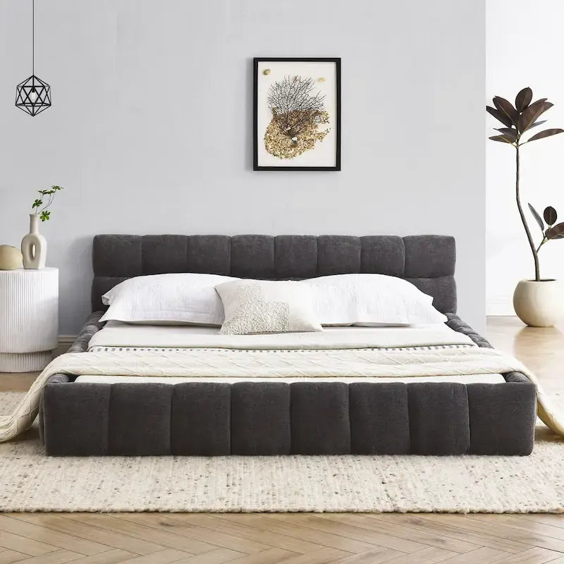 Lit plateforme en chenille, capitonné, profil bas, sans sommier, gris foncé/beige