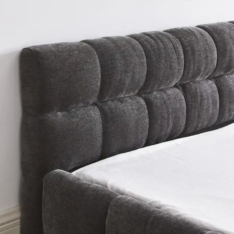 Lit plateforme en chenille, capitonné, profil bas, sans sommier, gris foncé/beige