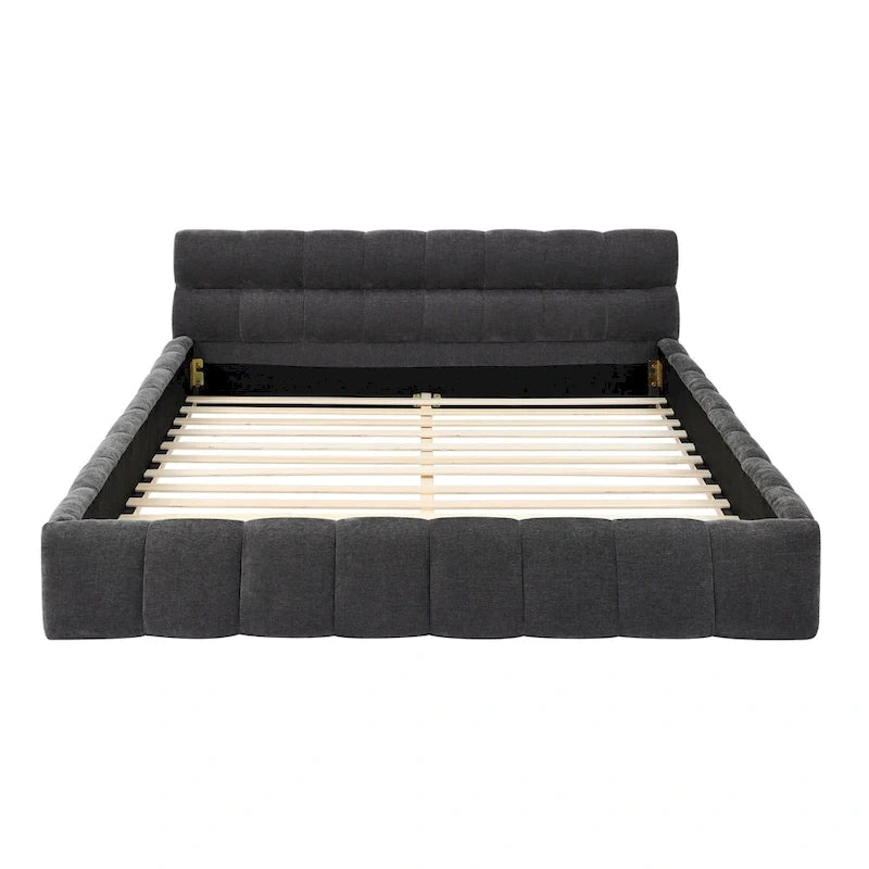 Lit plateforme en chenille, capitonné, profil bas, sans sommier, gris foncé/beige