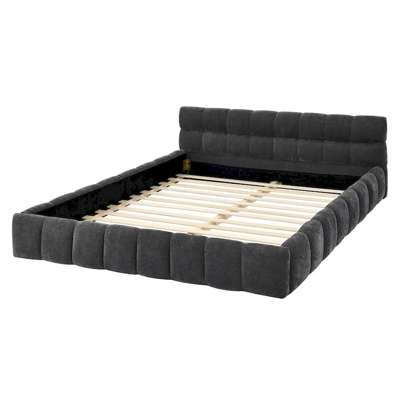 Lit plateforme en chenille, capitonné, profil bas, sans sommier, gris foncé/beige