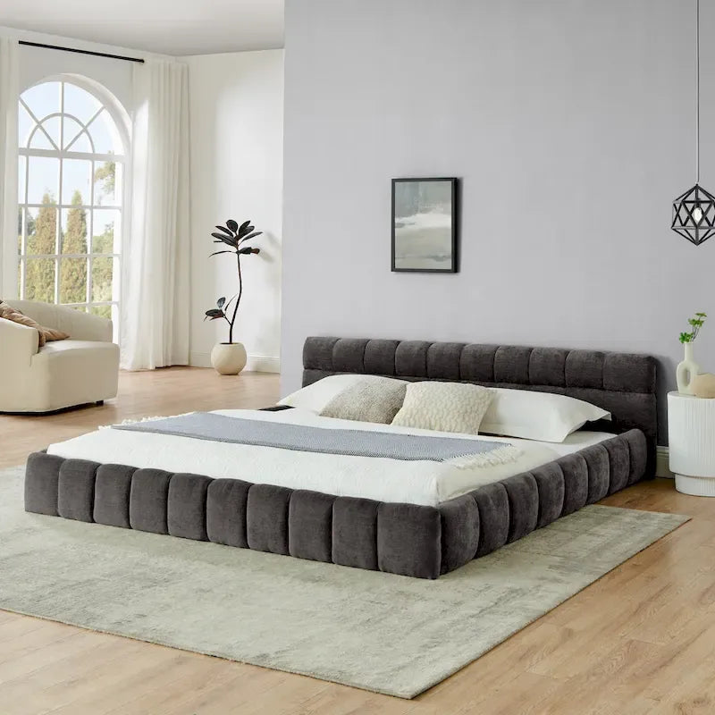 Lit plateforme en chenille, capitonné, profil bas, sans sommier, gris foncé/beige