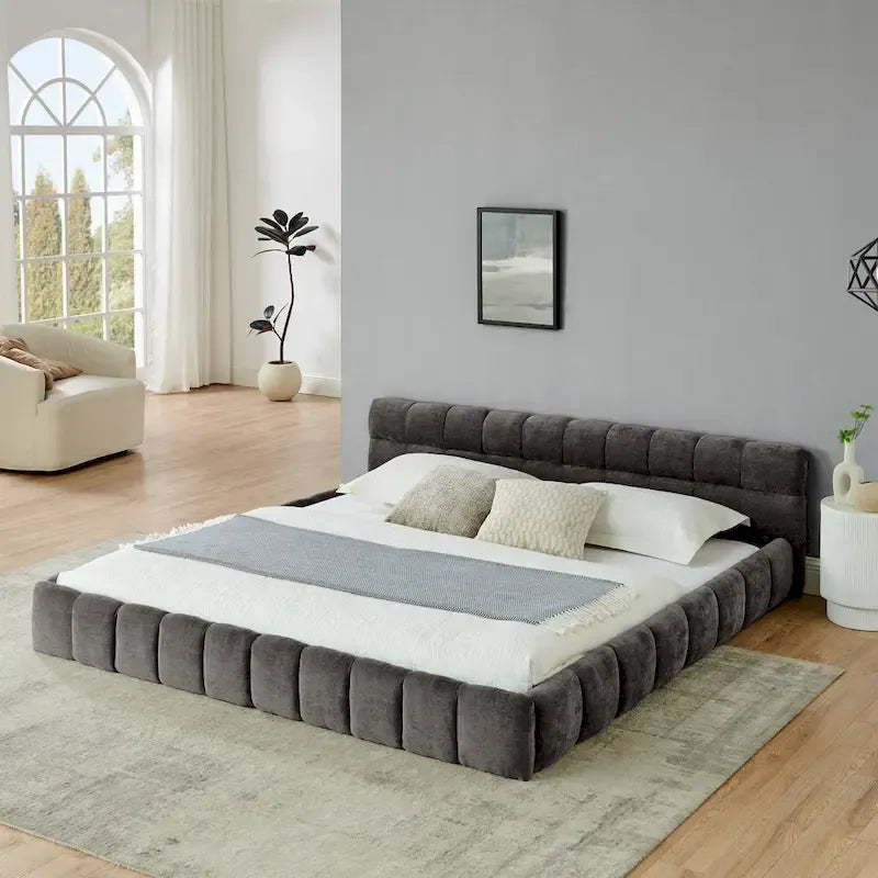 Lit plateforme en chenille, capitonné, profil bas, sans sommier, gris foncé/beige
