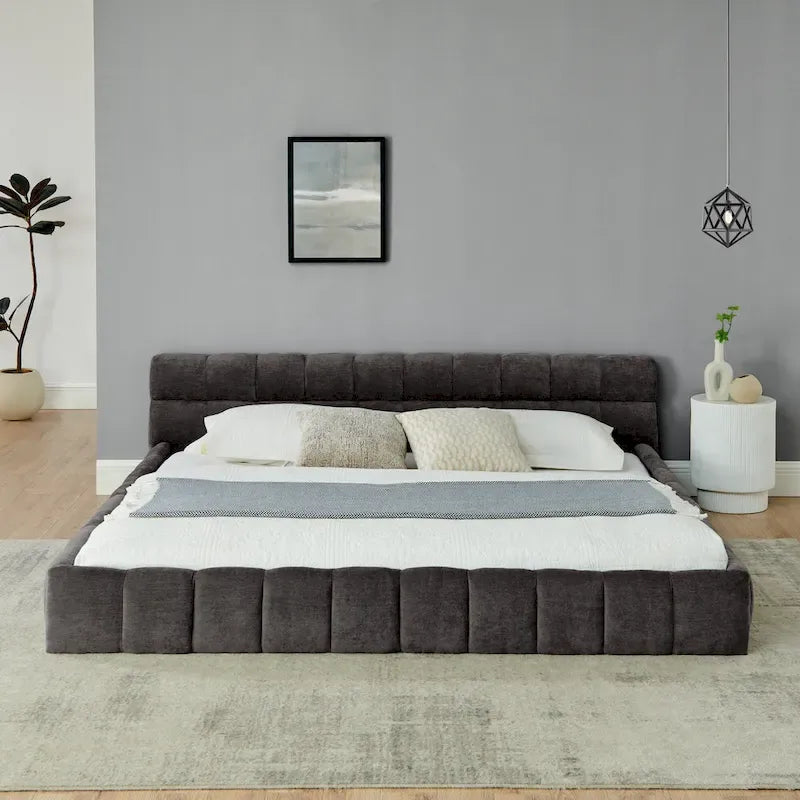 Lit plateforme en chenille, capitonné, profil bas, sans sommier, gris foncé/beige