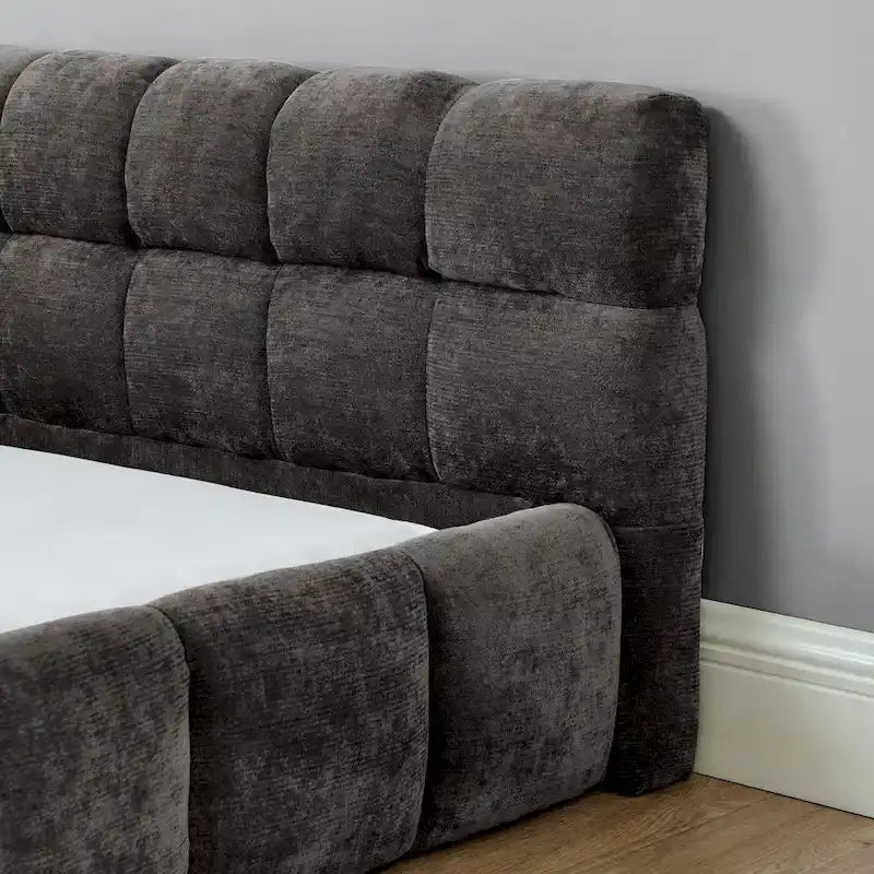Lit plateforme en chenille, capitonné, profil bas, sans sommier, gris foncé/beige