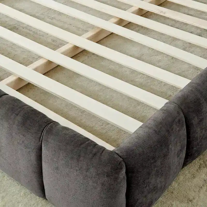 Lit plateforme en chenille, capitonné, profil bas, sans sommier, gris foncé/beige