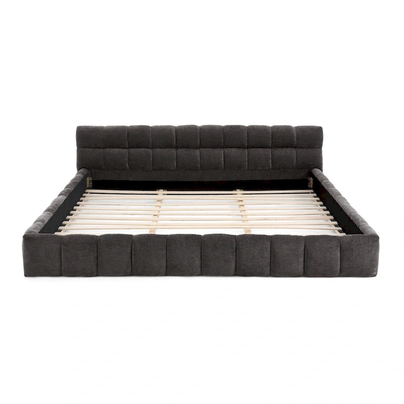 Lit plateforme en chenille, capitonné, profil bas, sans sommier, gris foncé/beige