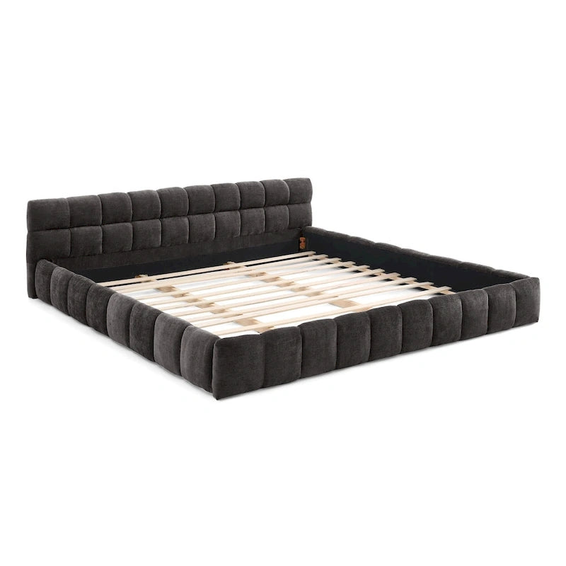 Lit plateforme en chenille, capitonné, profil bas, sans sommier, gris foncé/beige