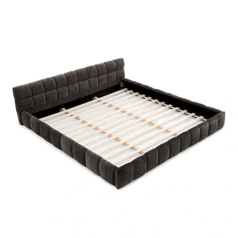 Lit plateforme en chenille, capitonné, profil bas, sans sommier, gris foncé/beige