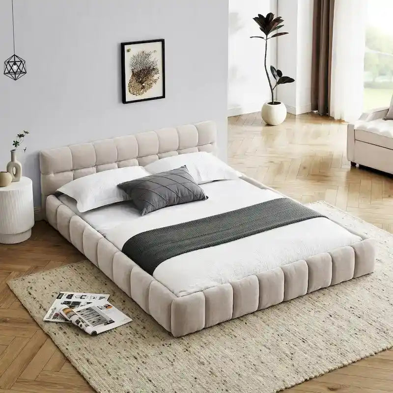 Lit plateforme en chenille, capitonné, profil bas, sans sommier, gris foncé/beige