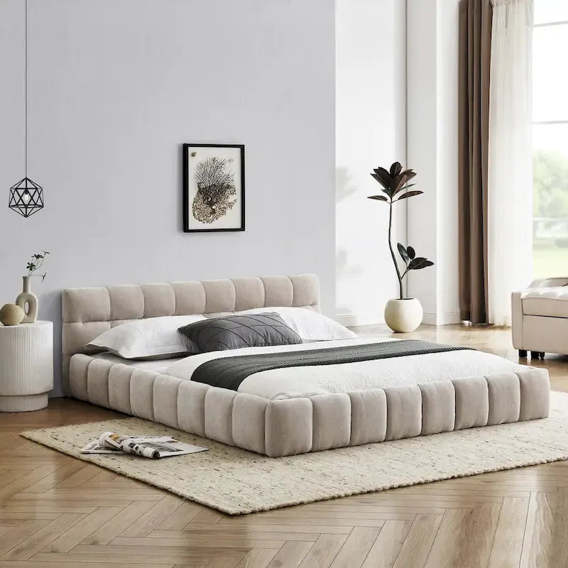 Lit plateforme en chenille, capitonné, profil bas, sans sommier, gris foncé/beige
