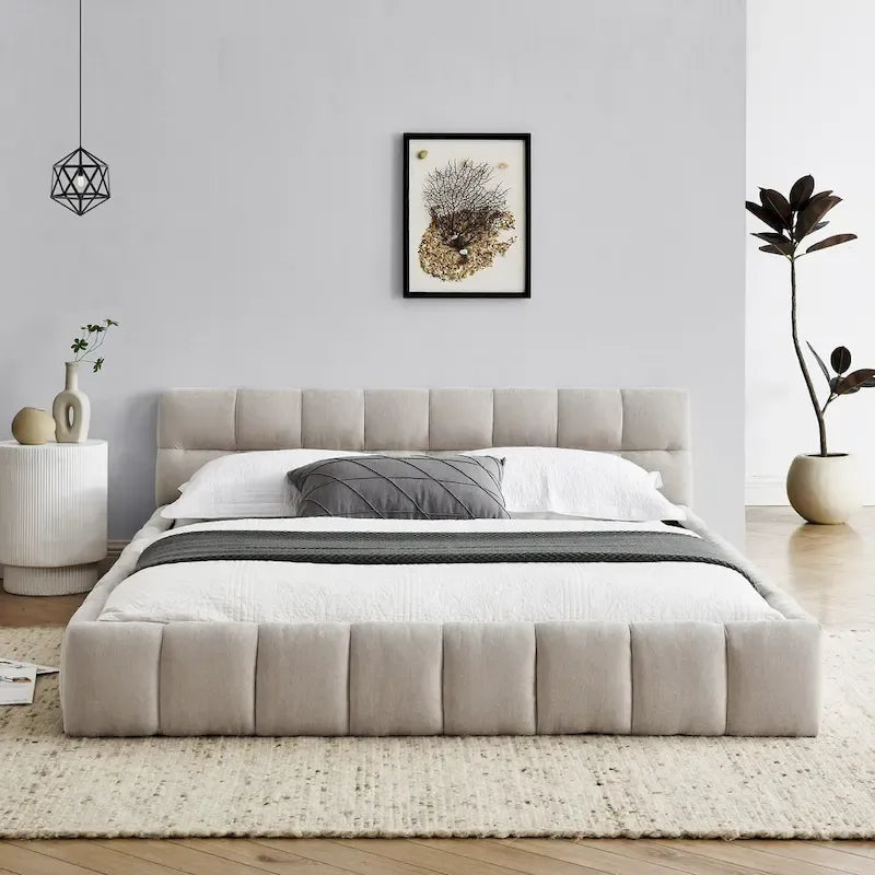 Lit plateforme en chenille, capitonné, profil bas, sans sommier, gris foncé/beige