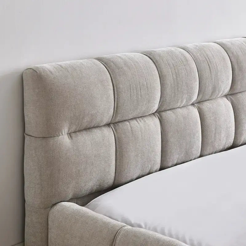 Lit plateforme en chenille, capitonné, profil bas, sans sommier, gris foncé/beige
