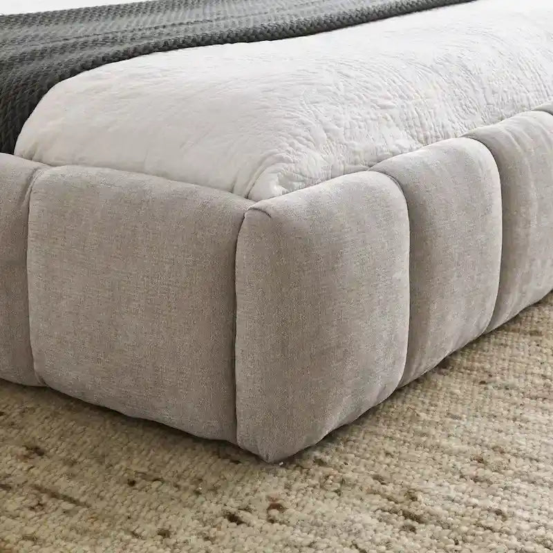 Lit plateforme en chenille, capitonné, profil bas, sans sommier, gris foncé/beige