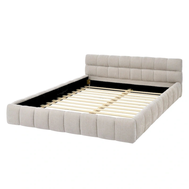 Lit plateforme en chenille, capitonné, profil bas, sans sommier, gris foncé/beige